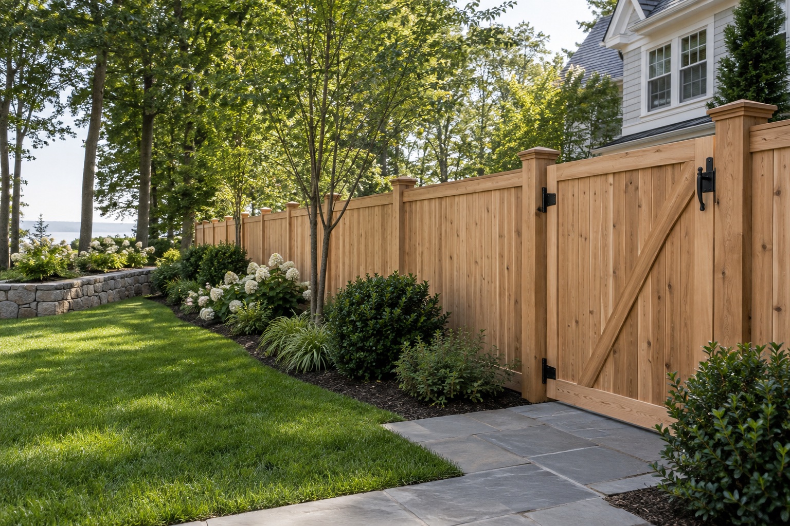 New cedar privacy fence with gate beside a landscaped lawn