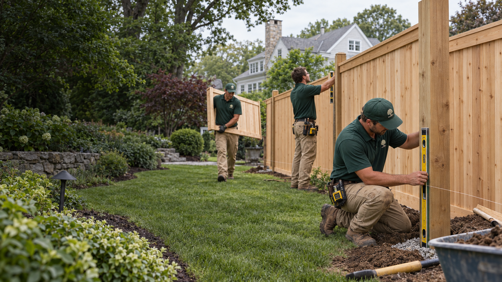 New cedar privacy fence at a landscaped Fairfield County home