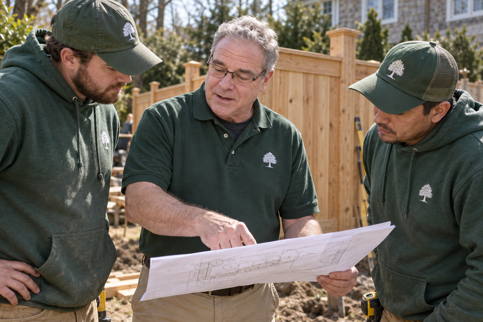 Richard Jones reviewing a property plan with his landscaping crew