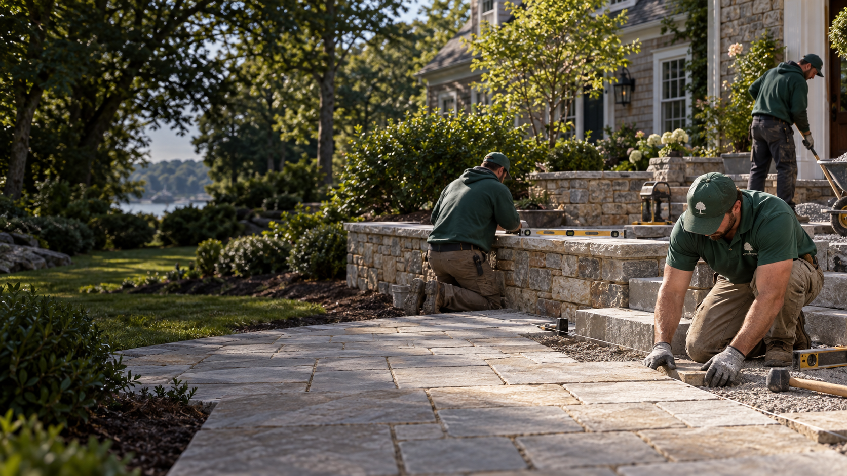 Stone patio and landscaped outdoor living area in Fairfield County