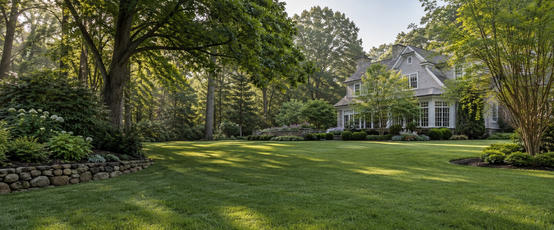 Maintained estate landscape with mature trees, lawn, stonework and planting beds