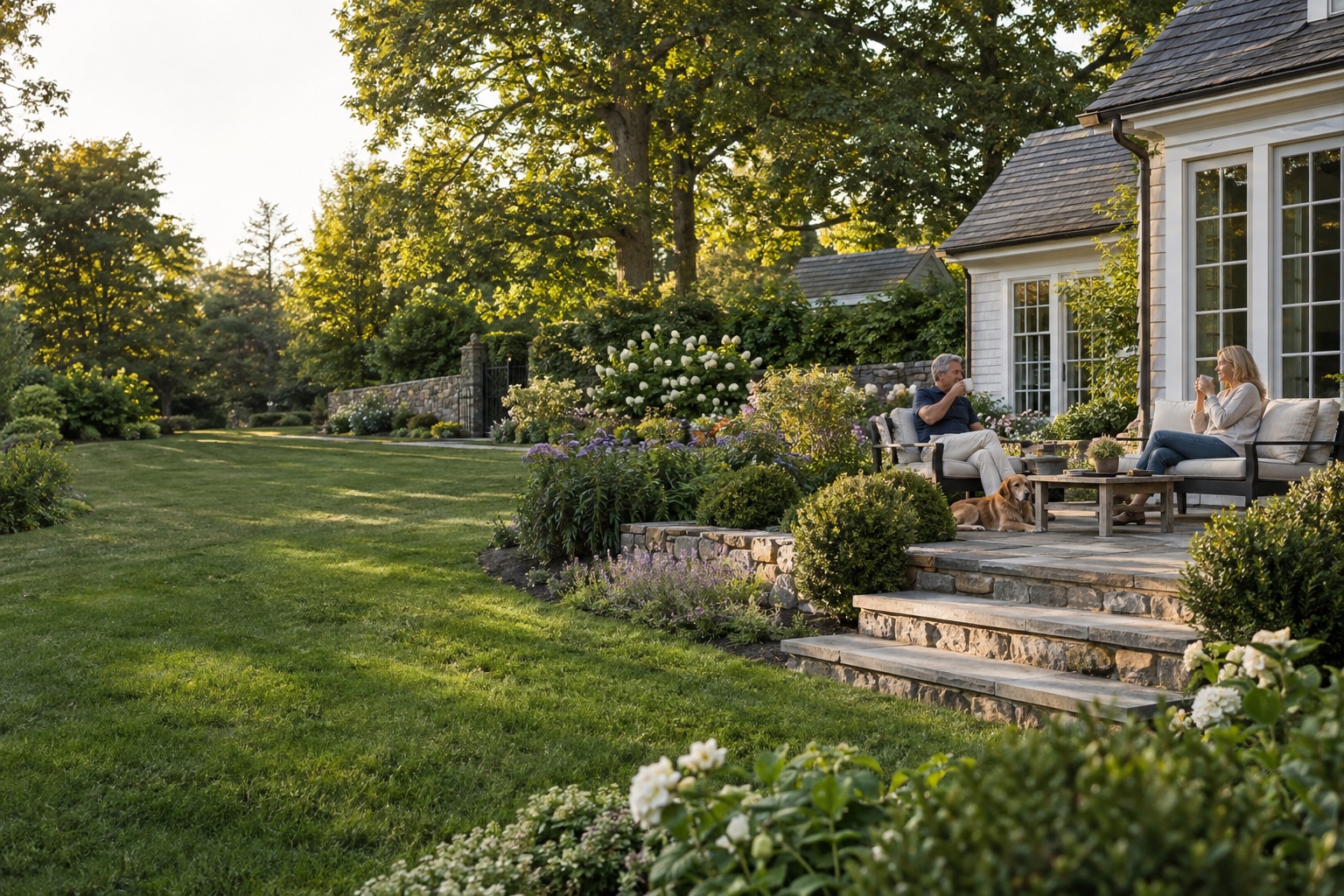 Homeowners relaxing on a stone terrace overlooking a maintained lawn and gardens