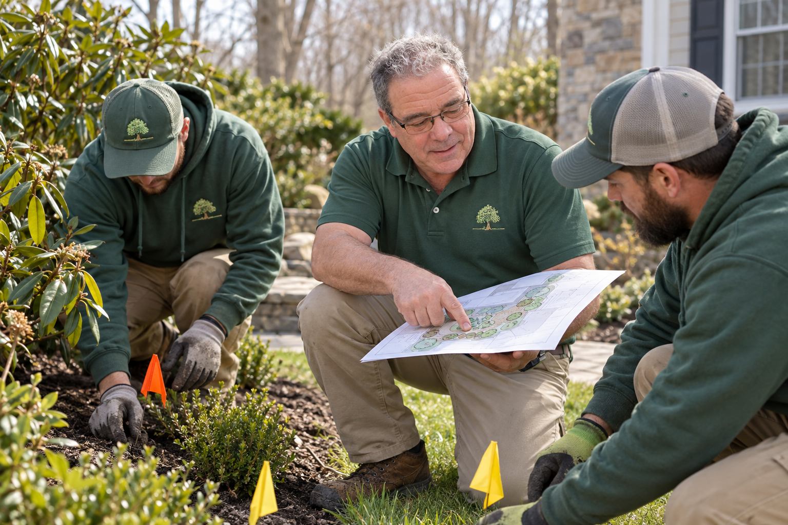 Richard Jones holding and reviewing a landscape plan with his crew
