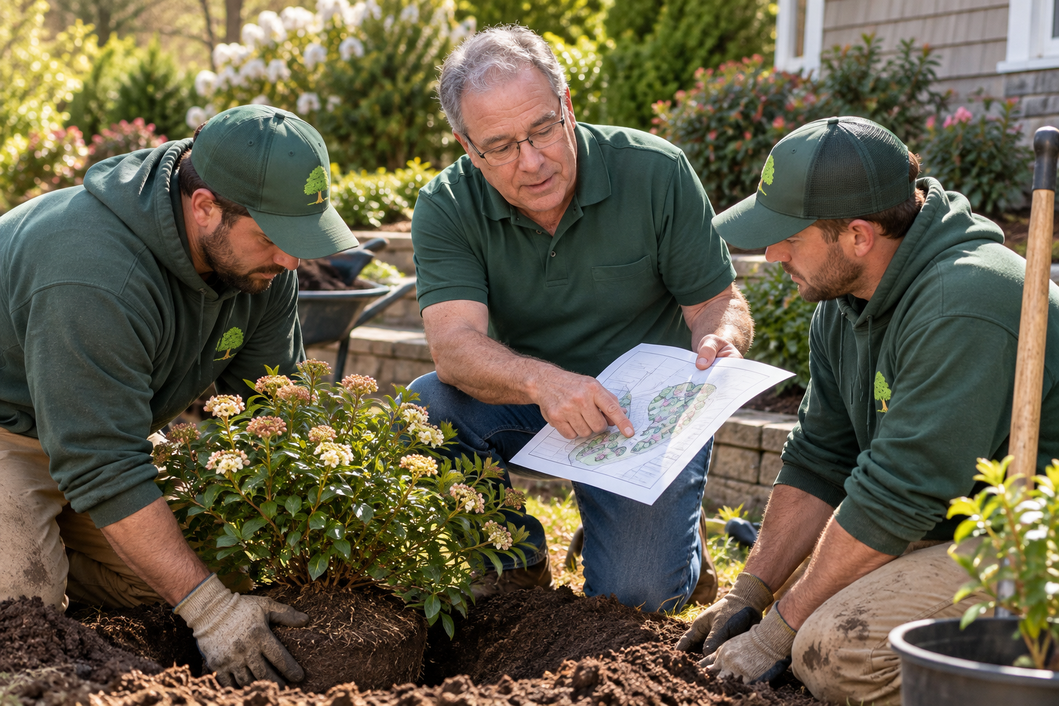 Professionally installed trees, shrubs, and planting beds at a residence