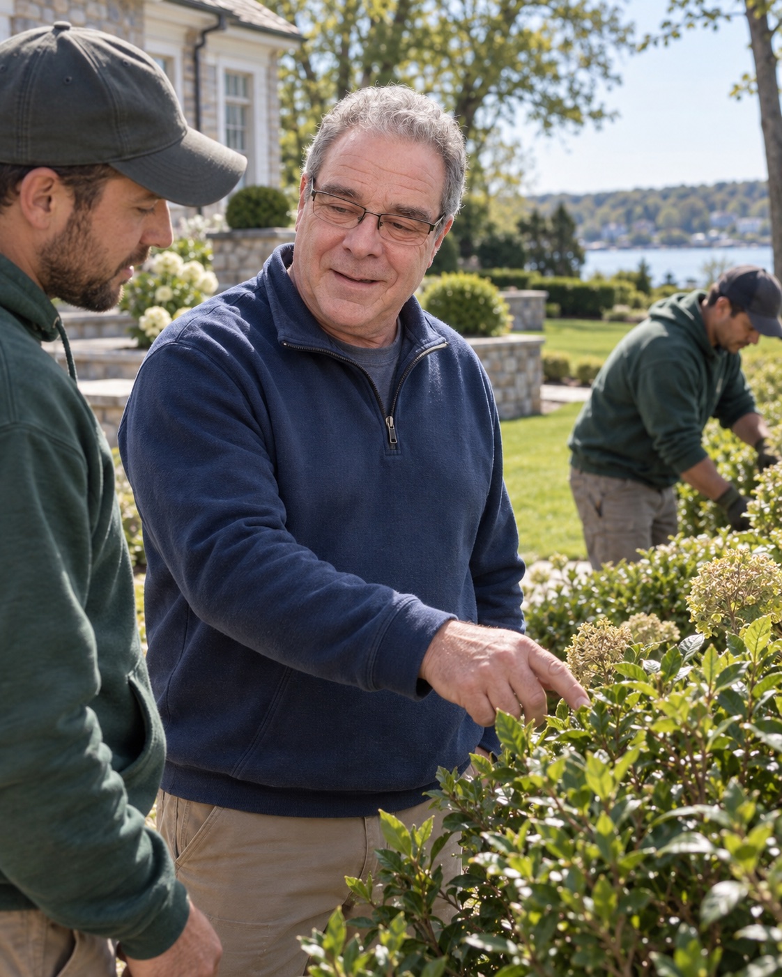Richard Jones checking landscape conditions with members of his maintenance crew