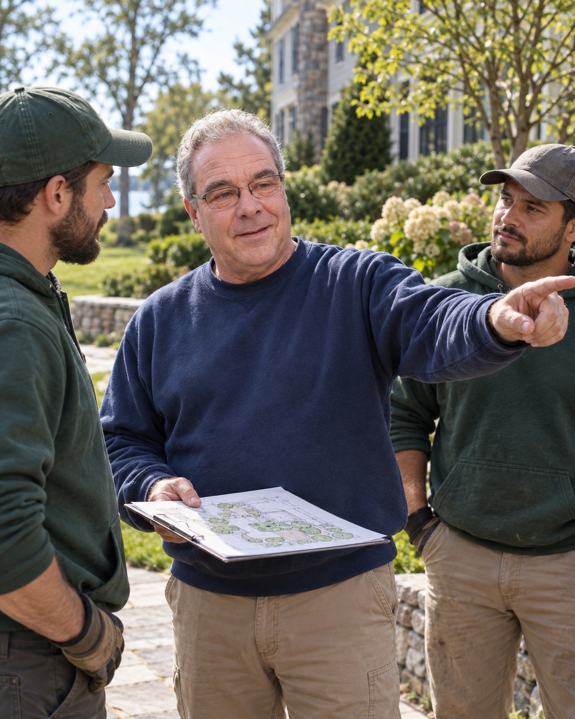 Richard Jones reviewing a landscape plan with his crew at a Fairfield County property