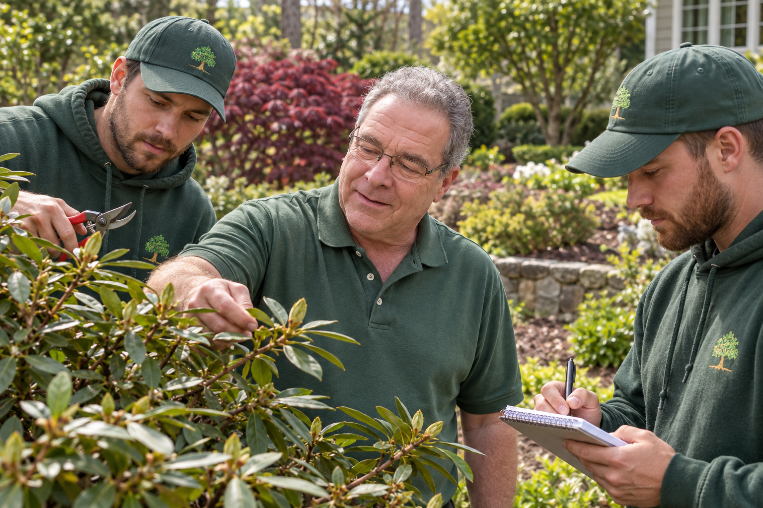 Mature shrubs and ornamental trees framing a Fairfield County home