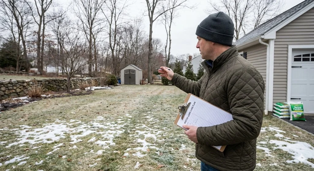 Homeowner planning spring lawn care during winter in Connecticut
