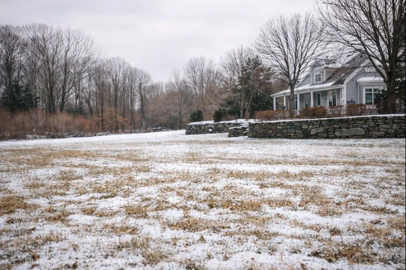 Domant winter lawn in Fairfield County Connecticut with light snow