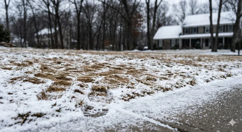 Lawn damage caused by winter foot traffic and salt in Connecticut