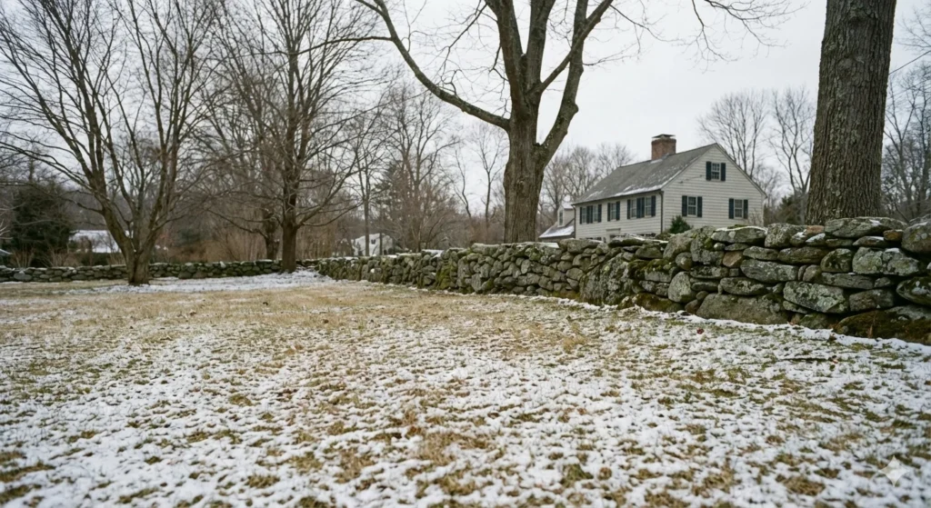 Dormant winter lawn in Fairfield County Connecticut with light snow